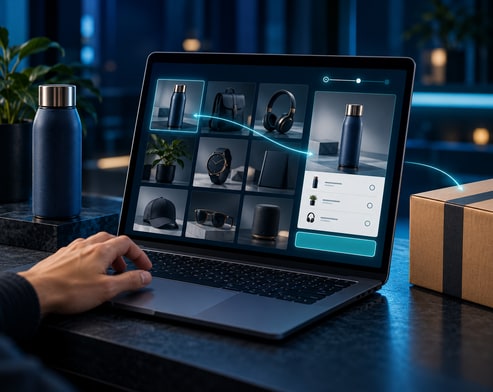 Onlineshop mit Produktübersicht auf einem Laptop
