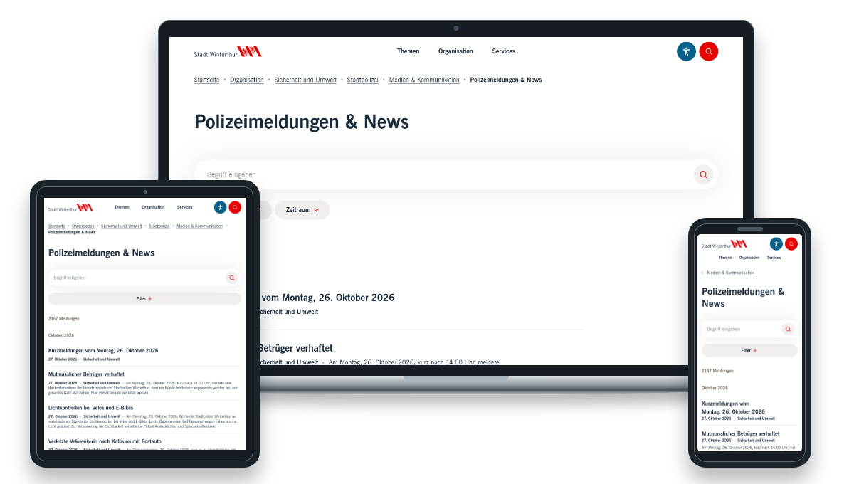 Polizeimeldungen der Stadt Winterthur auf Laptop, Tablet und Smartphone